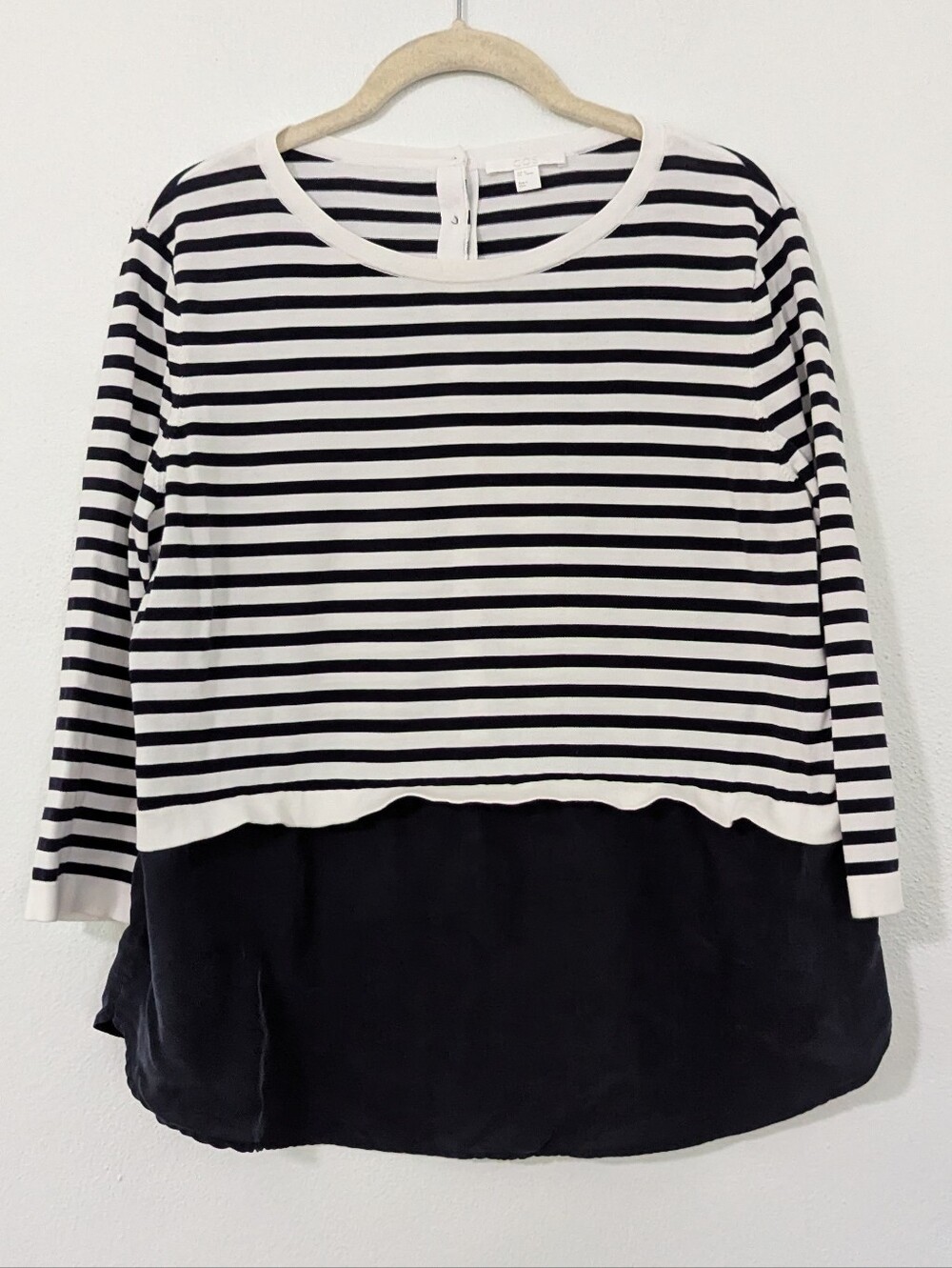 COS Mixed Media Striped Knit Long Sleeve Shirt Silk Hem Button Back Medium M